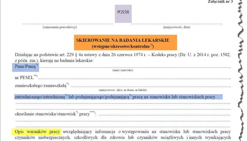 Skierowanie na badania lekarskie dla pracownika, zawierające dane osobowe, stanowisko pracy i opis warunków pracy.