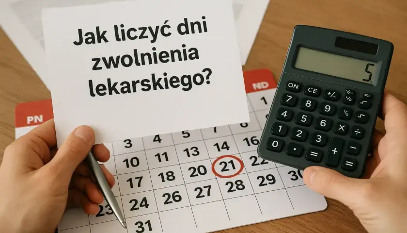Ręce trzymają kartkę z napisem "Jak liczyć dni zwolnienia lekarskiego?", obok kalendarza z zaznaczonym 21 dniem i kalkulatora.