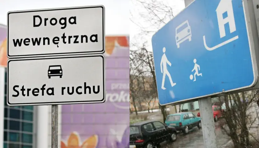 Znaki drogowe informują o wjeździe do strefy ruchu. Widać symbol samochodu, pieszych i domku.