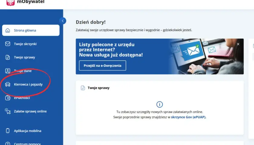 Menu "Kierowca i pojazdy" na stronie mObywatel. Sprawdź, ile punktów karnych masz na koncie.