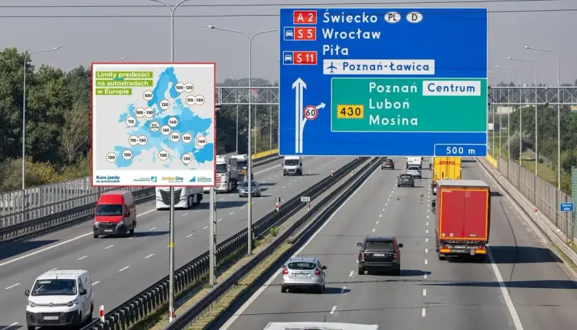 Na autostradzie widać mapę z limitami prędkości w Europie i znak drogowy. Dowiedz się, ile można jechać na autostradzie w różnych krajach.