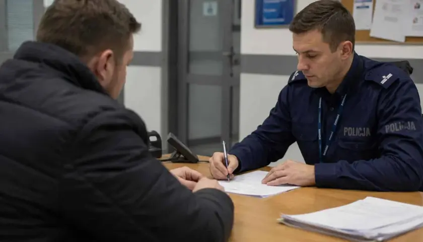 Policjant spisuje zeznanie. Czas oczekiwania na wezwanie na policję bywa różny, zależy od sprawy.