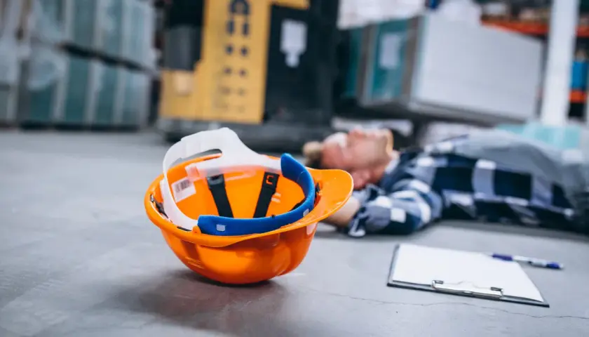 Pomarańczowy kask leży obok nieprzytomnego pracownika. To smutny obraz wypadku w pracy.