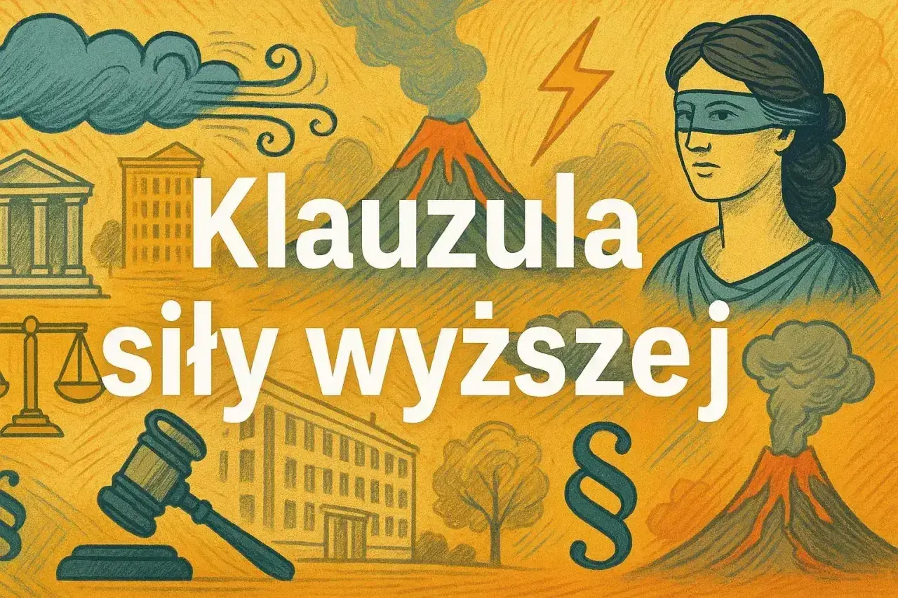 Kobieta z przepaską na oczach, symbole prawa i żywioły (wulkan, wiatr, piorun) ilustrują klauzulę **siły wyższej**.
