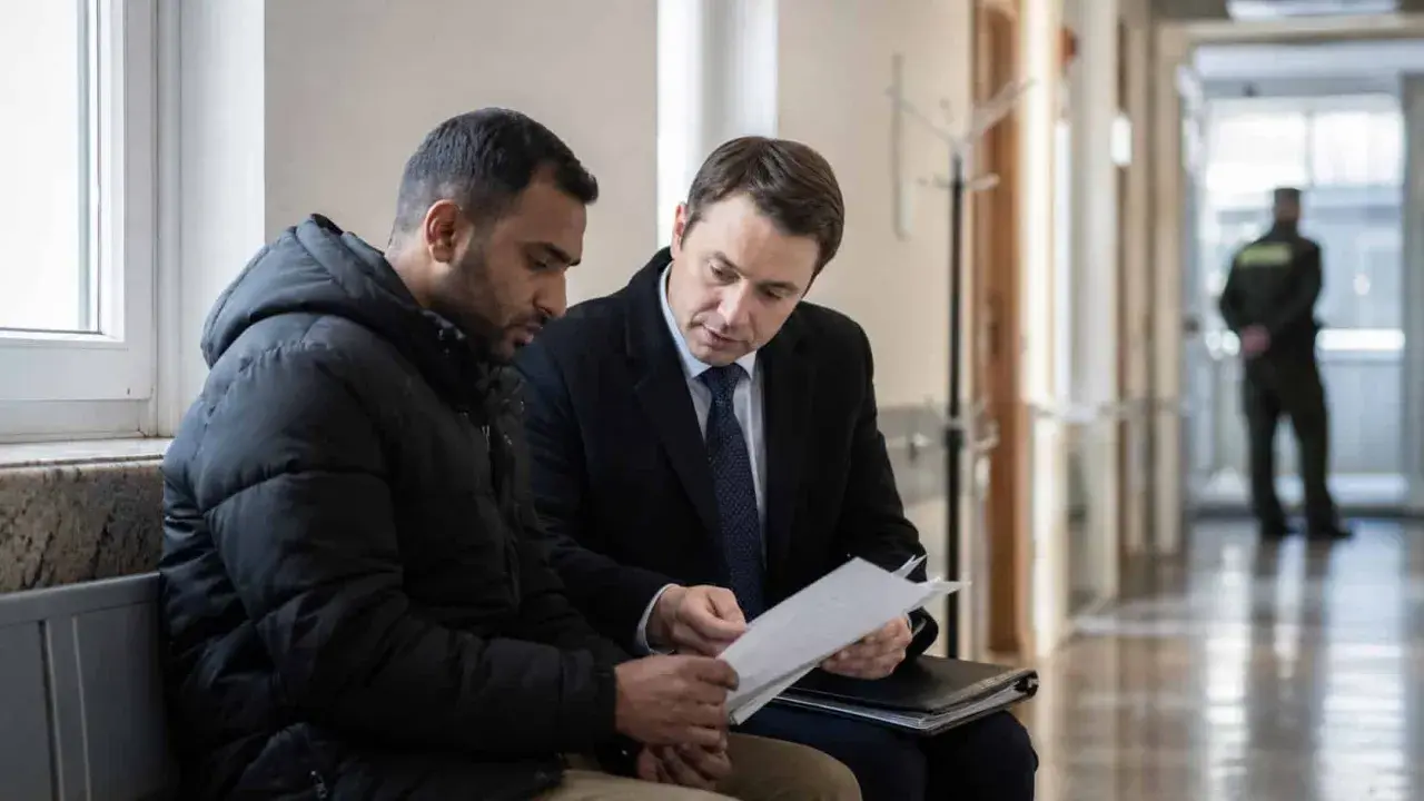 Prawnik omawia z klientem dokumenty dotyczące deportacji. W tle stoi strażnik.