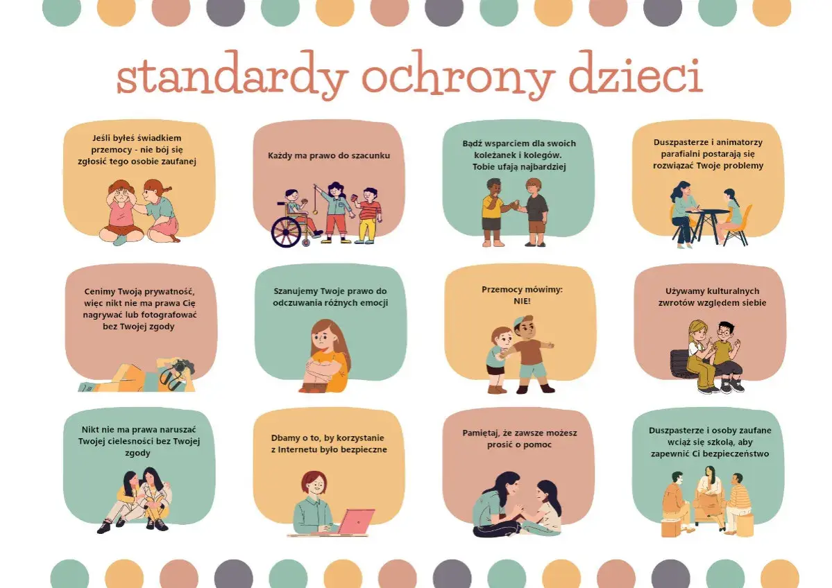Ilustracje pokazują, jak chronić małoletnich: szacunek, prywatność, bezpieczeństwo w sieci i wsparcie.