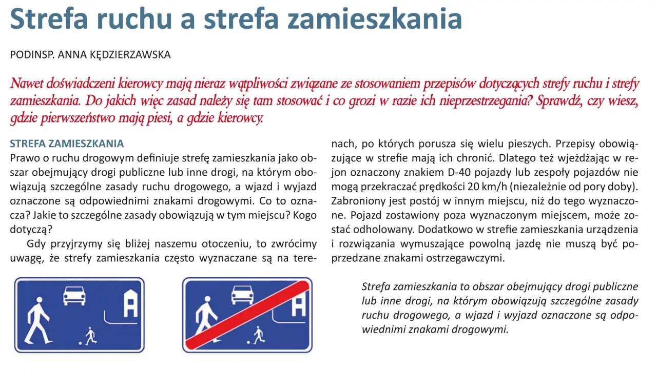 Znak D-40 oznacza strefę zamieszkania, gdzie piesi mają pierwszeństwo, a pojazdy muszą jechać wolno.