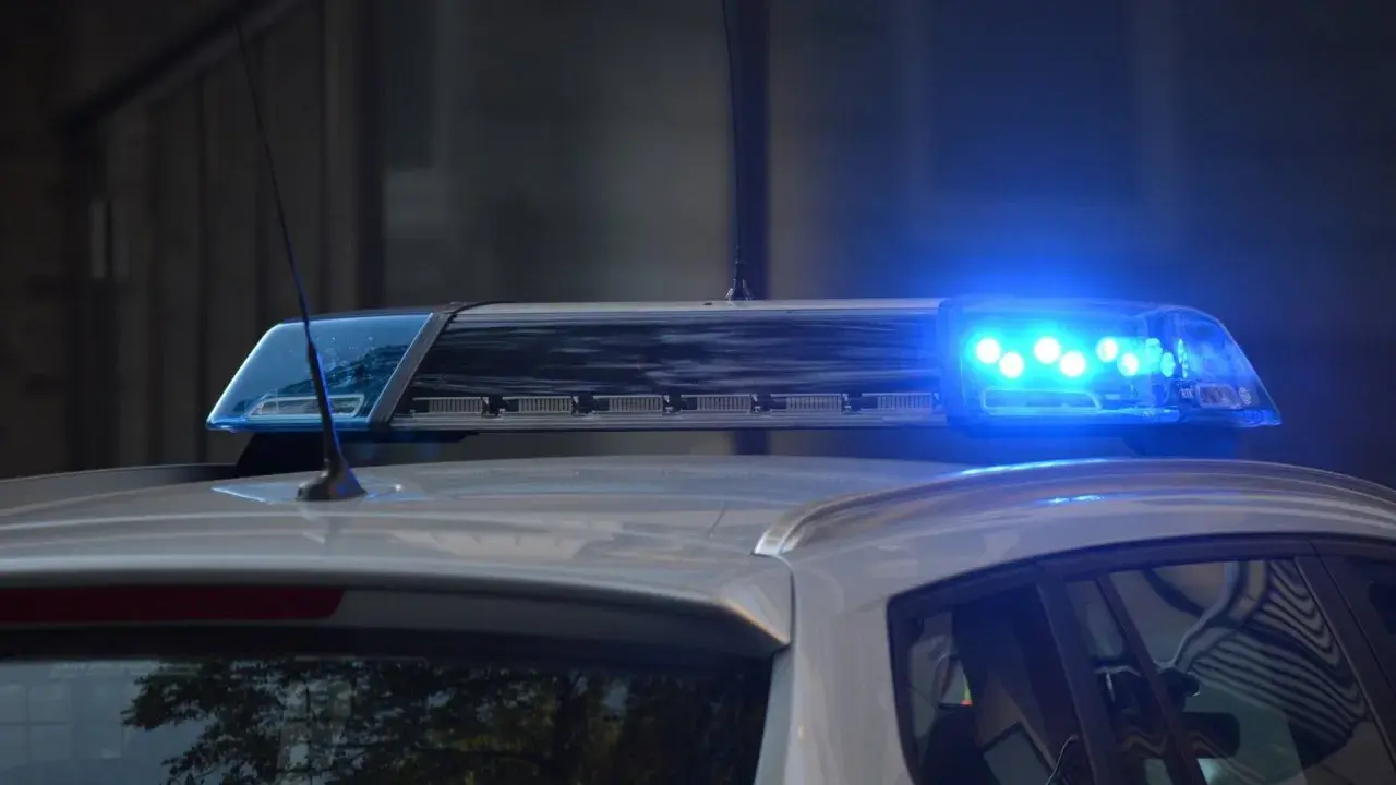 Niebieskie światła pojazdu uprzywilejowanego migają na dachu radiowozu.
