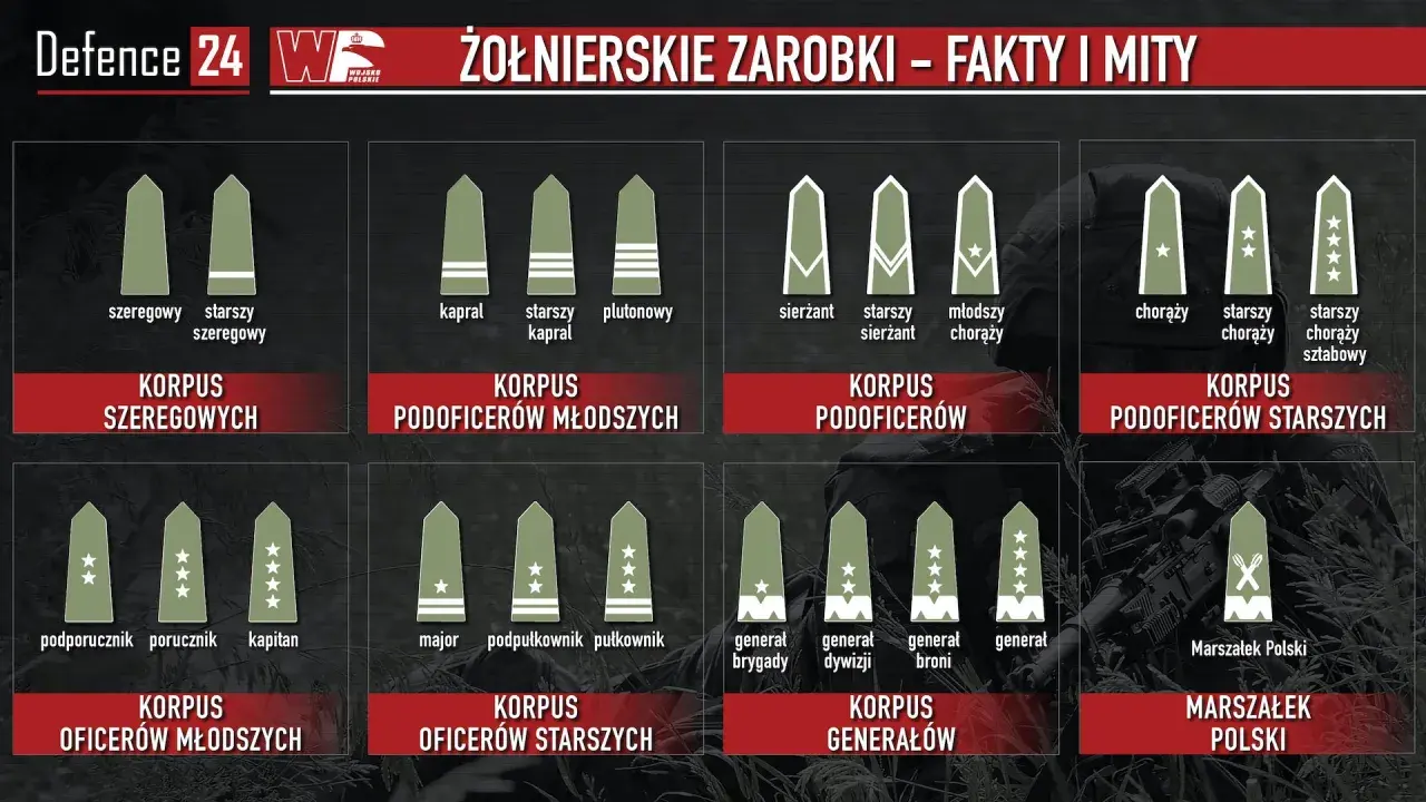 Grafika pokazuje stopnie wojskowe i ich oznaczenia. Podporucznik, pierwszy stopień oficerski, zarabia mniej niż porucznik czy kapitan.
