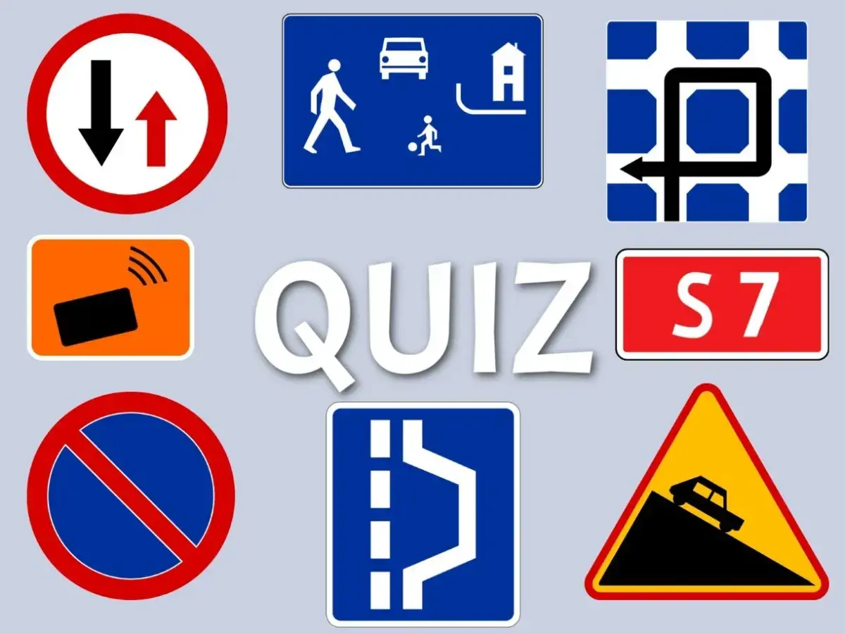 Quiz z różnymi rodzajami znaków drogowych: ustąp pierwszeństwa, strefa zamieszkania, zakaz zatrzymywania, przejazd, S7, teren zabudowany, zbliżanie się do wzniesienia.