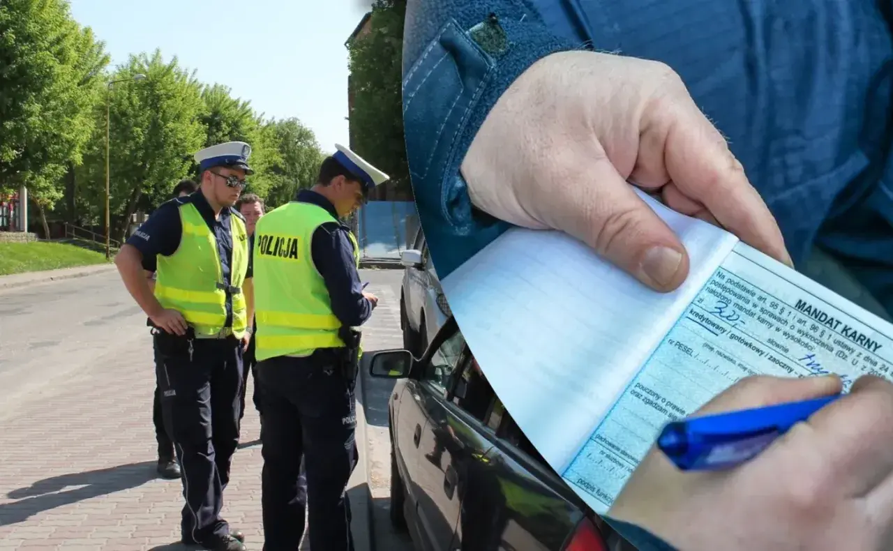 Policjanci wypisują mandat za wykroczenie, być może niebezpieczne wyprzedzanie. Kierowca otrzymał karę finansową.