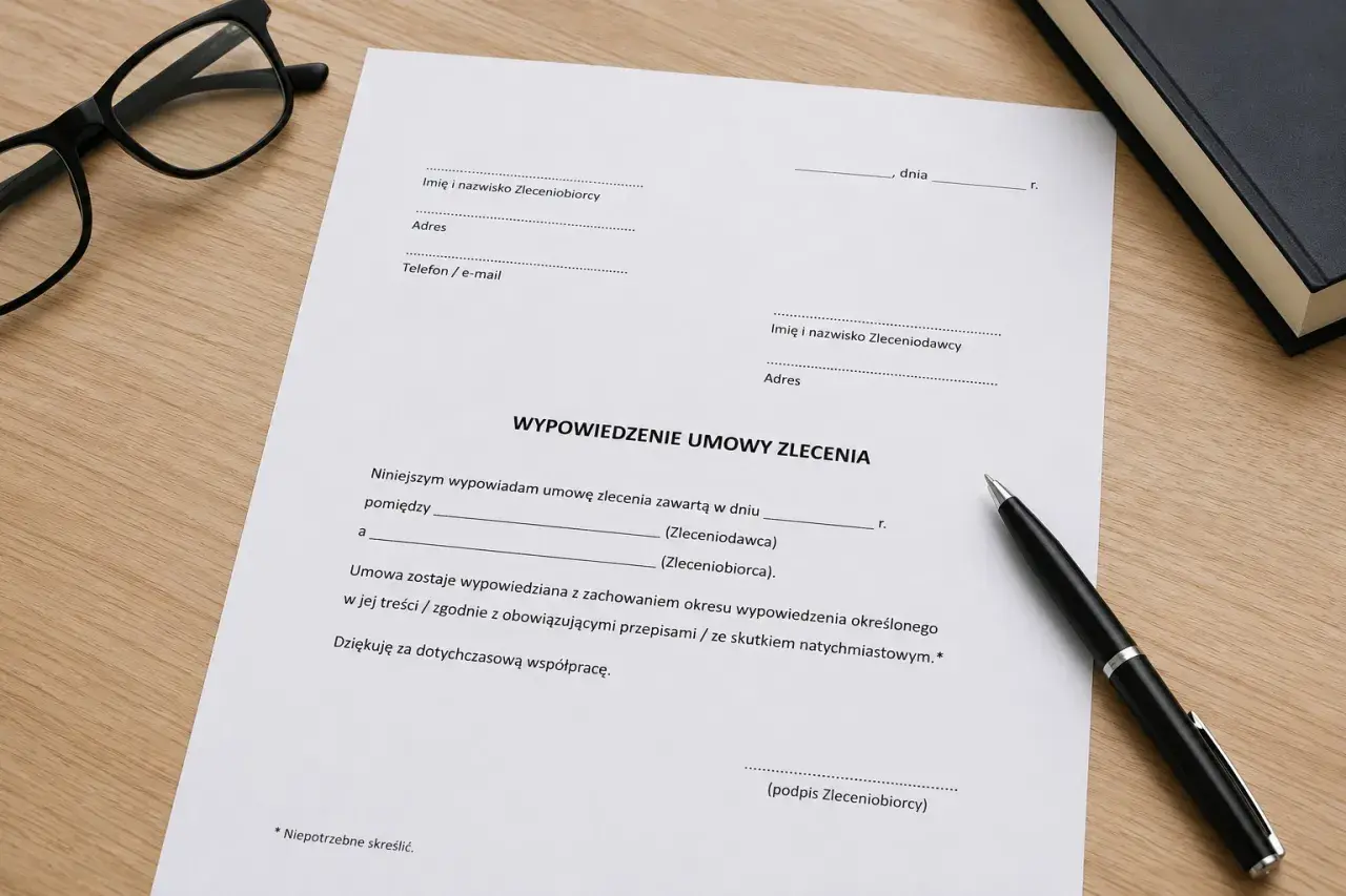 Dokument "Wypowiedzenie umowy zlecenia" leży na biurku obok okularów i długopisu.