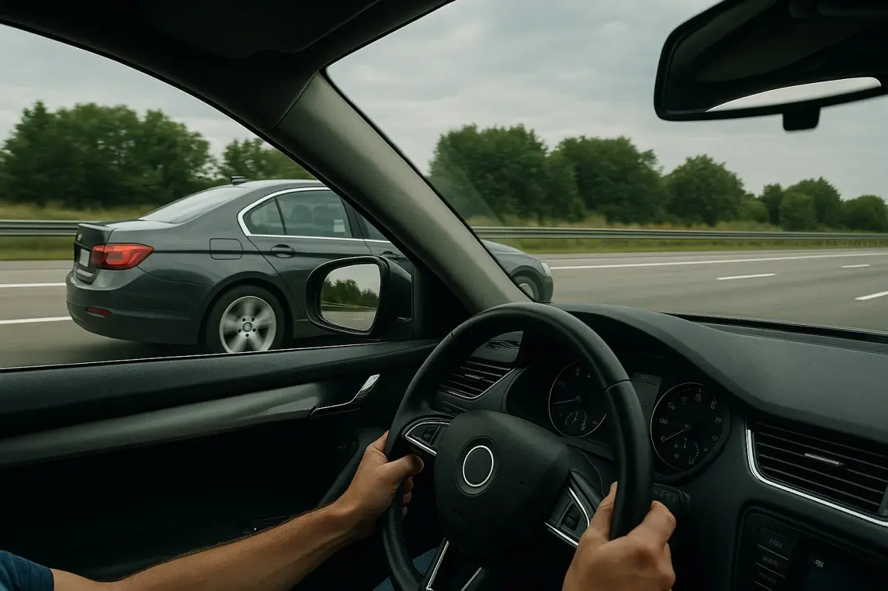 Widok z wnętrza samochodu na autostradzie. Szary sedan wykonuje wyprzedzanie z prawej strony, mijając nasz pojazd.
