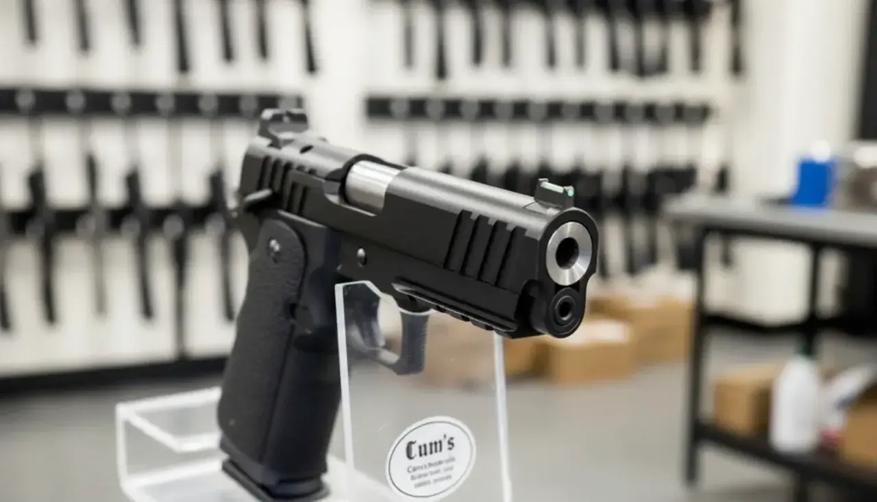 Czarny pistolet na wystawie. Zastanawiasz się, ile kosztuje pozwolenie na broń?