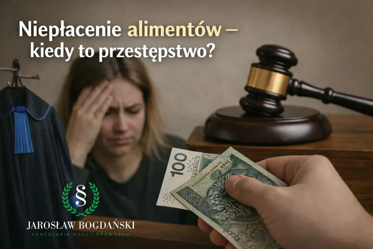 Niepłacenie alimentów może być przestępstwem. Wizerunek kobiety w rozpaczy, ławy sądowej, młotka sędziowskiego i pieniędzy.