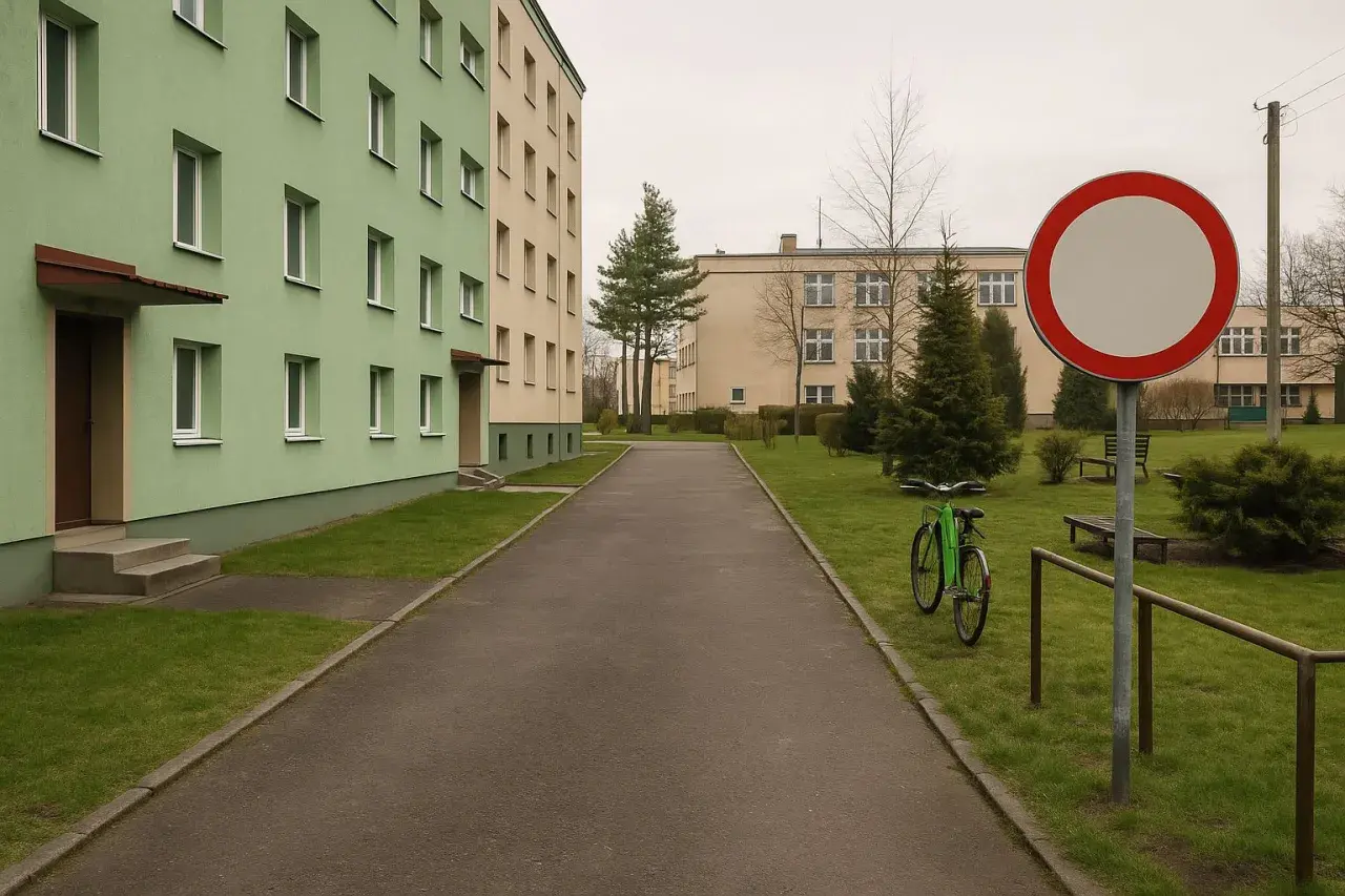 Droga z zielonym rowerem i znakiem B1. Dwa bloki mieszkalne, trawnik i drzewa.