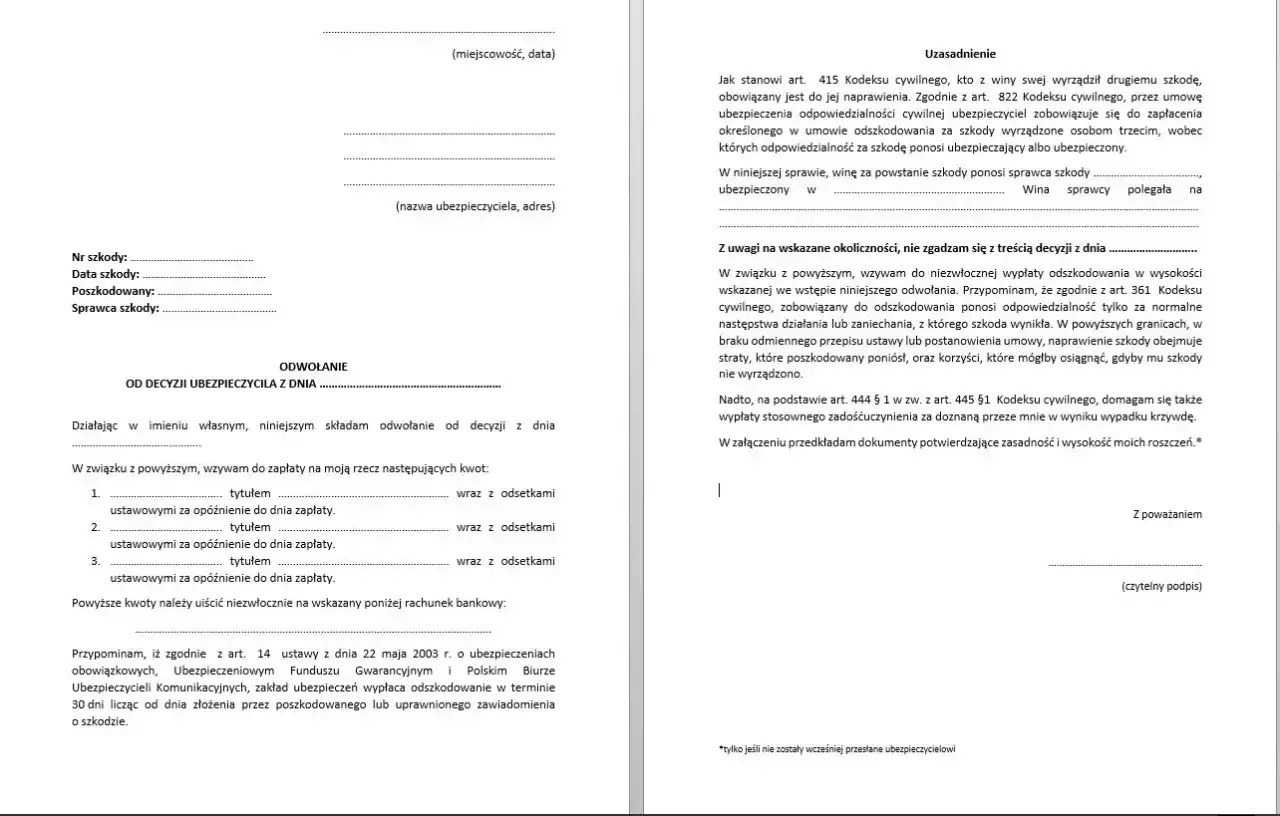 Formularz odwołanie od decyzji ubezpieczyciela w sprawie szkody, z żądaniem zapłaty odszkodowania i odsetek.