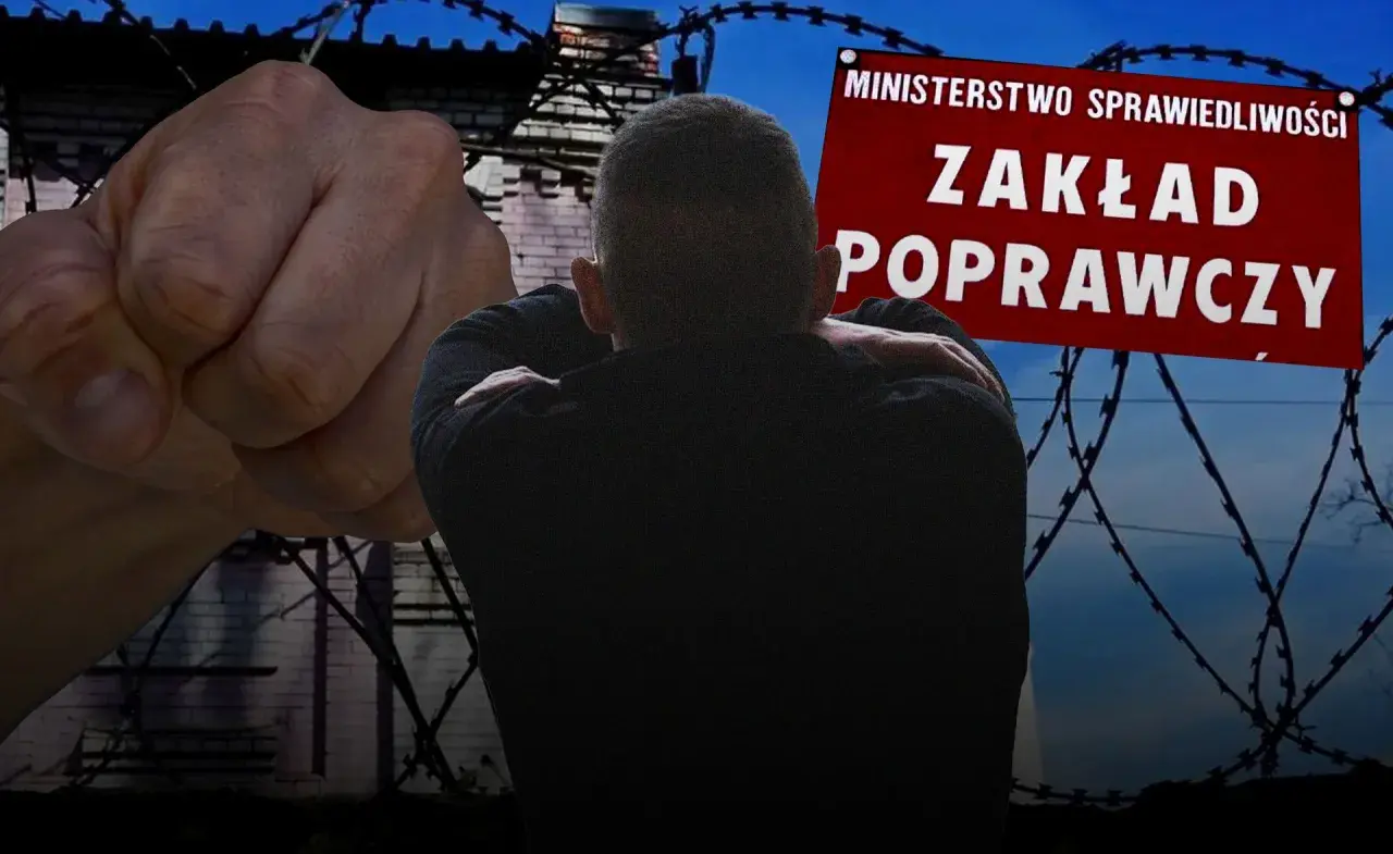 Zaciśnięta pięść i sylwetka młodego człowieka na tle drutu kolczastego i tablicy "Zakład Poprawczy".