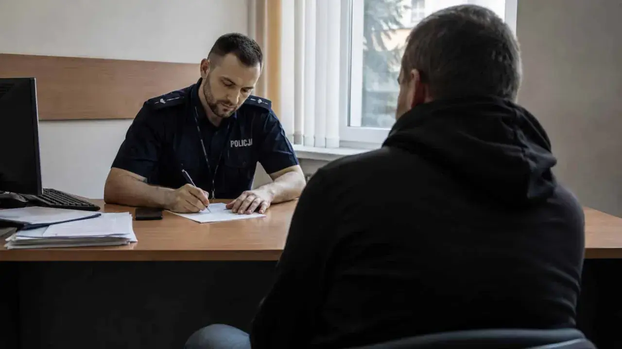Policjant spisuje zeznania podejrzanego w pokoju przesłuchań.