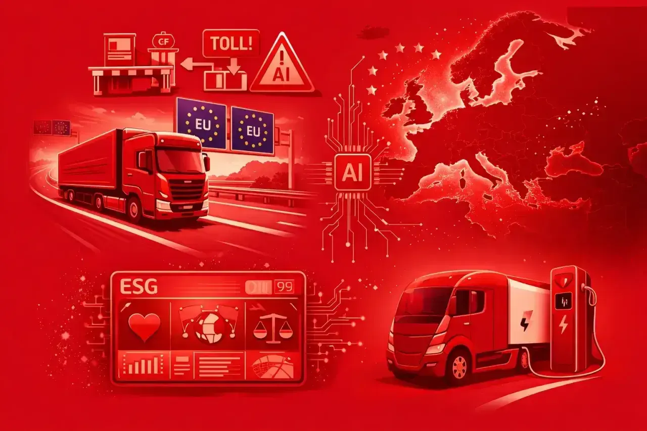 Ciężarówka na drodze, znak zakazu wyprzedzania dla ciężarówek, mapa Europy z AI, ładowanie elektrycznego pojazdu.