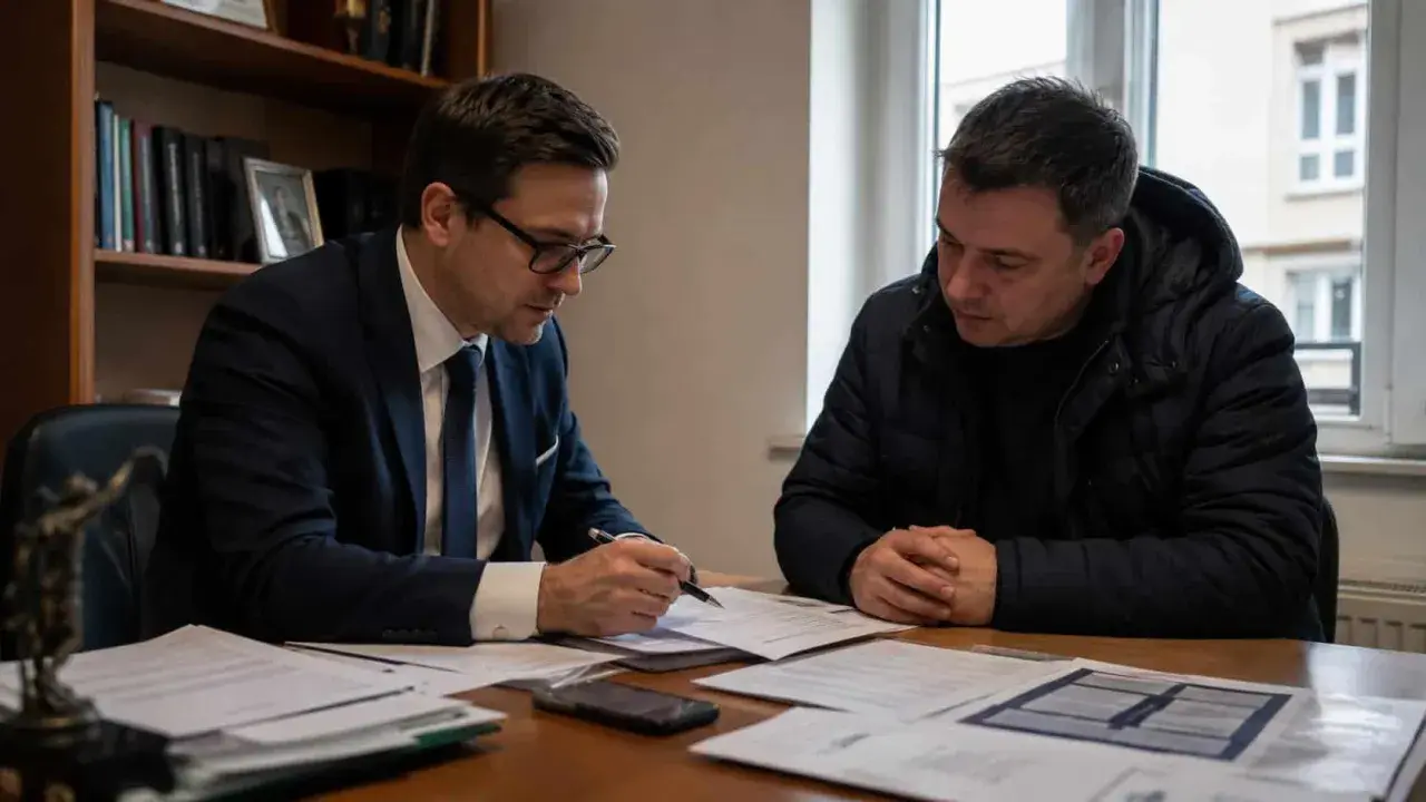 Mężczyzna w garniturze tłumaczy coś z dokumentów, podczas gdy drugi mężczyzna w kurtce słucha uważnie. Rozmowa dotyczy sprawy 286 kk.