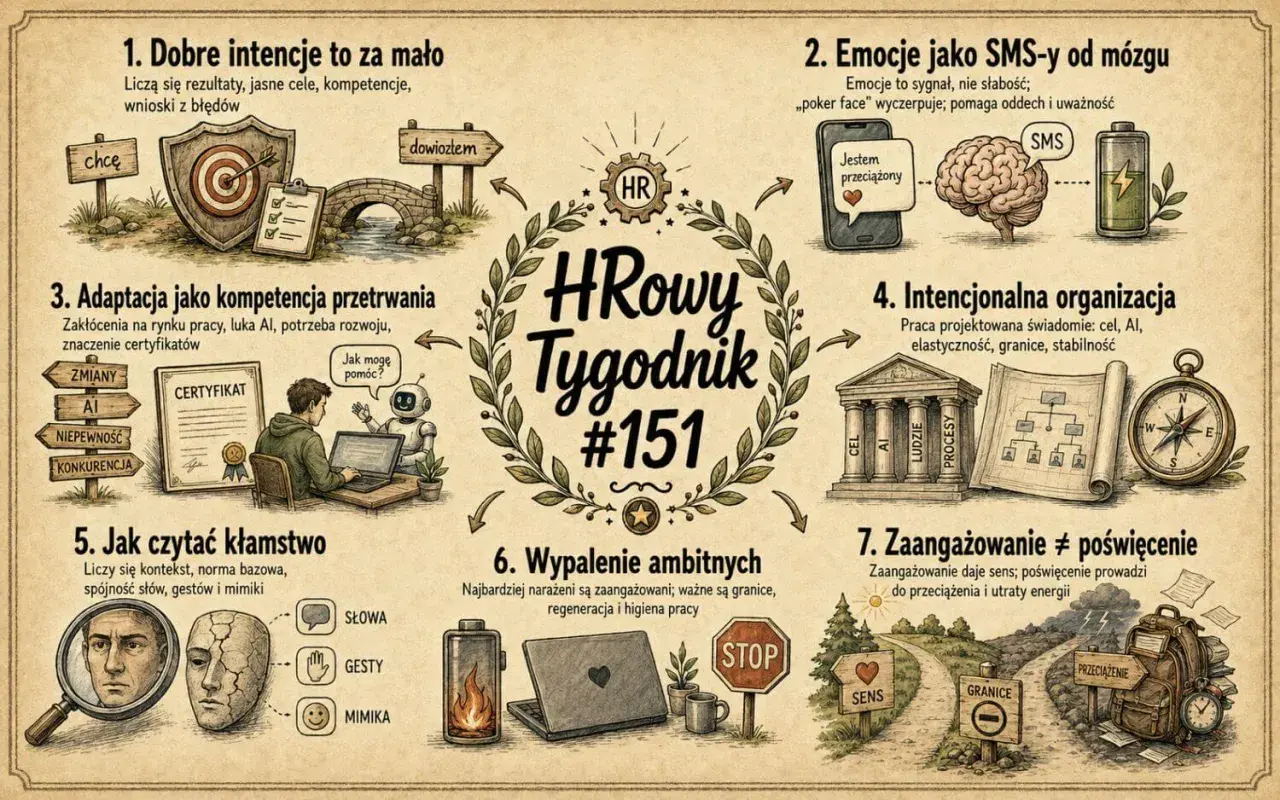 Ilustracja przedstawia kompozycję siedmiu punktów dotyczących HR. W centrum znajduje się logo "HRowy Tygodnik #151".