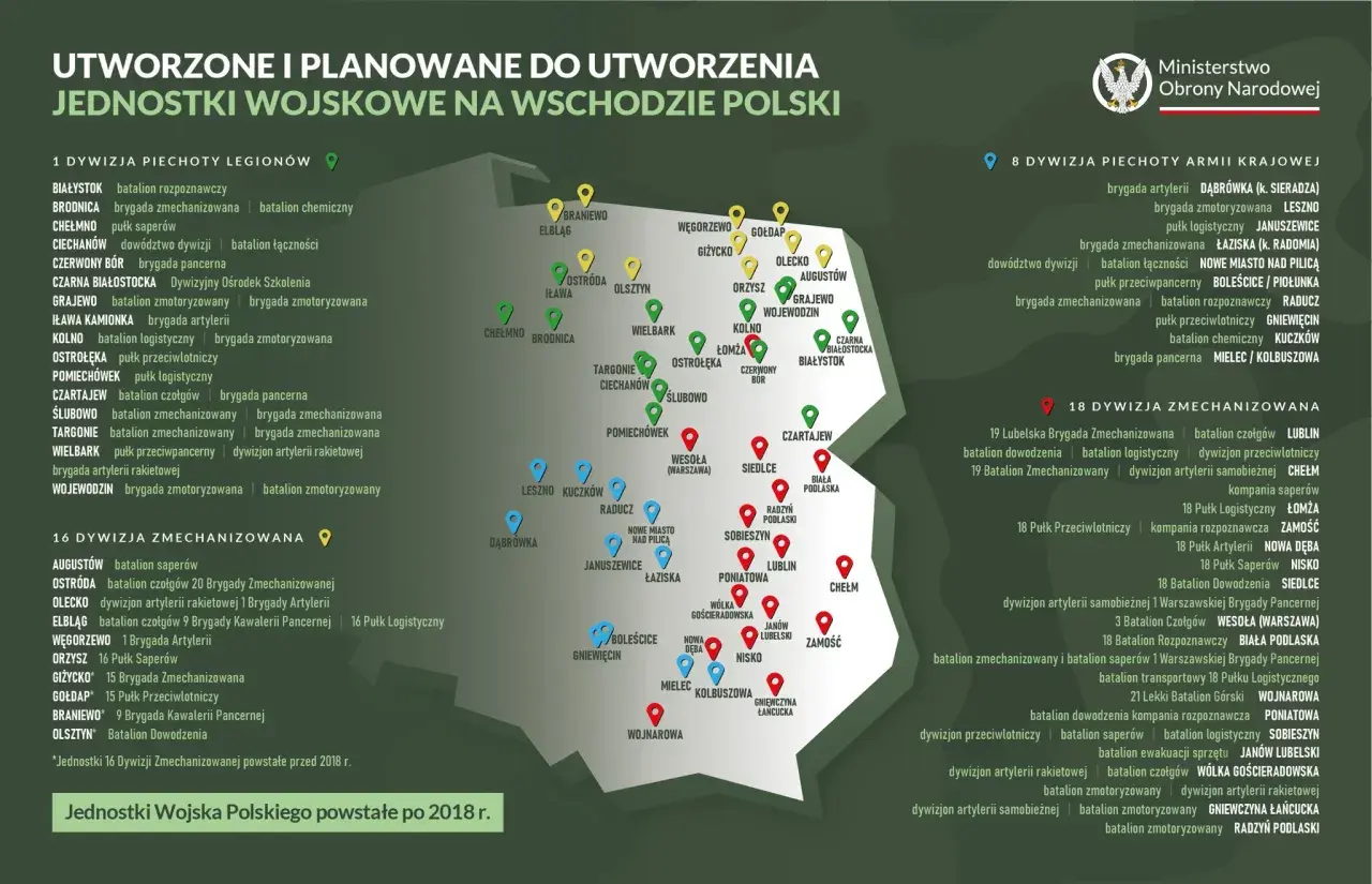 Mapa jednostek wojskowych w Polsce po 2018 r. przedstawia rozmieszczenie wojsk, w tym 1. Dywizji Piechoty Legionów, 16. i 18. Dywizji Zmechanizowanej.