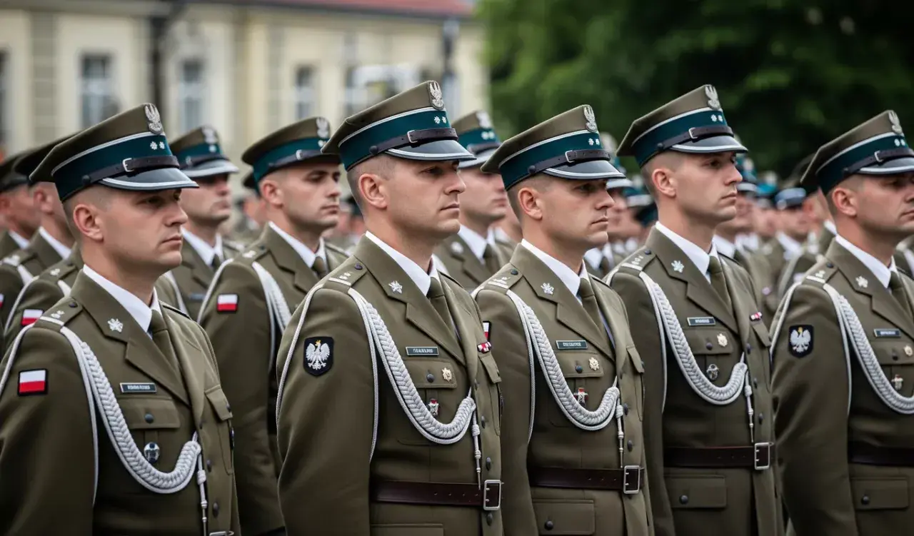 Szeregi żołnierzy w mundurach, jeden z nich to chorąży, stoją na baczność.