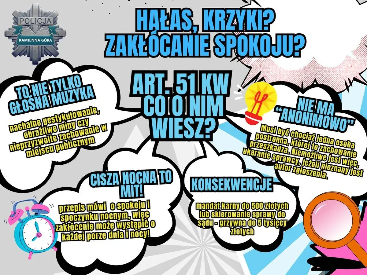Grafika informuje, że **cisza nocna** to mit, a zakłócanie spokoju może być karane przez cały dzień i noc.