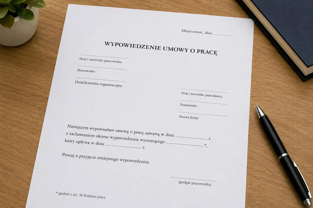 Dokument wypowiedzenia umowy o pracę, zgodnie z art. 30 par. 1 pkt 2 Kodeksu pracy, leży na drewnianym biurku obok długopisu.