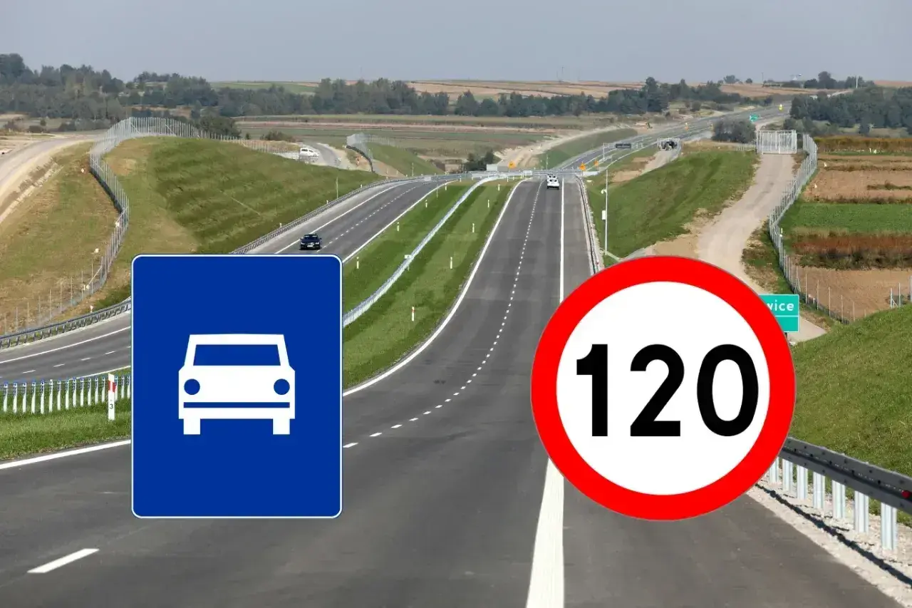 Szeroka jezdnia autostrady z zielonymi pasami i znakami: dopuszczalna prędkość 120 km/h oraz informacja o ruchu samochodowym.