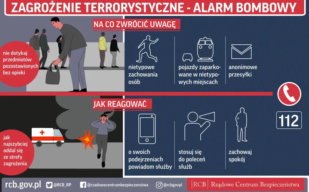 Grafika informuje o zagrożeniu terrorystycznym i alarmie bombowym. Podpowiada, na co zwrócić uwagę i jak reagować, by chronić się przed terroryzmem.