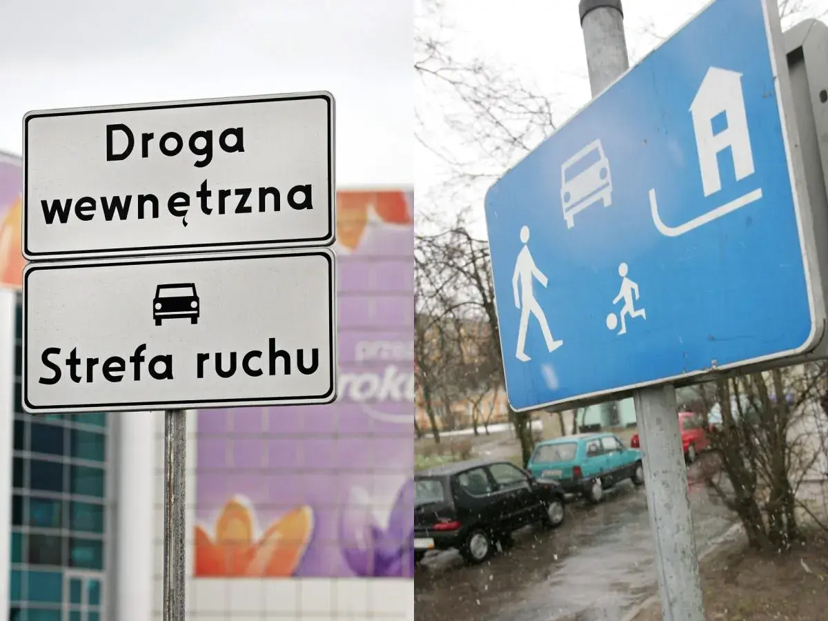 Znaki drogowe informują o wjeździe do strefy ruchu. Widać symbol samochodu, pieszych i domku.