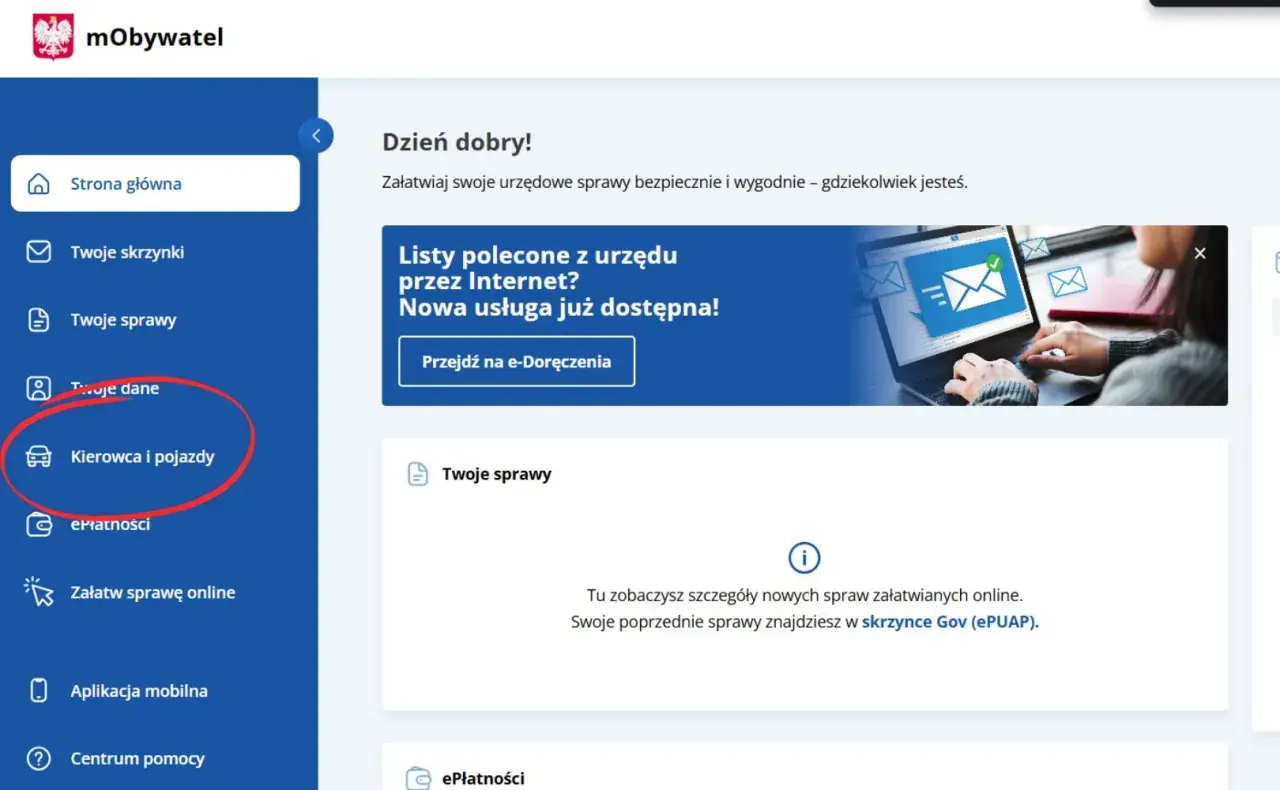 Menu "Kierowca i pojazdy" na stronie mObywatel. Sprawdź, ile punktów karnych masz na koncie.