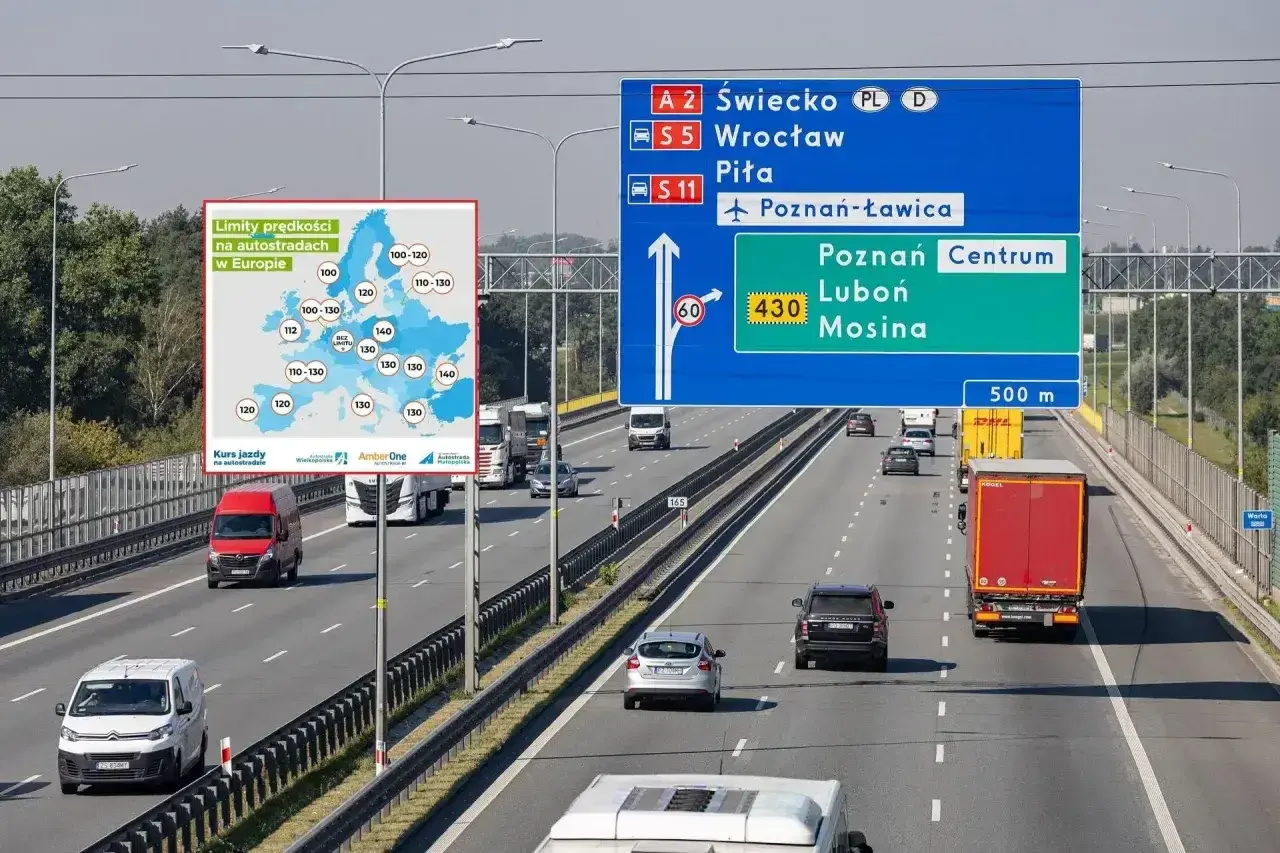 Na autostradzie widać mapę z limitami prędkości w Europie i znak drogowy. Dowiedz się, ile można jechać na autostradzie w różnych krajach.