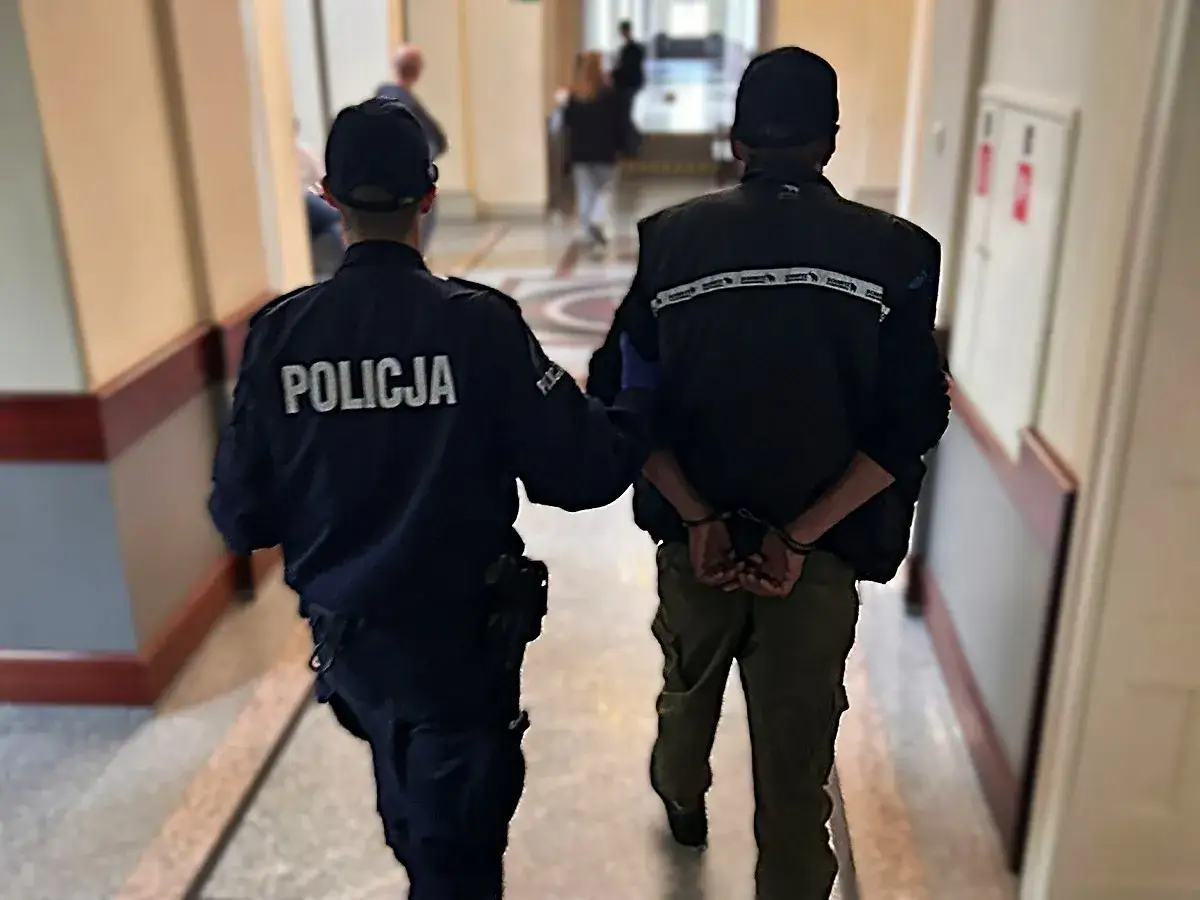 Policjant prowadzi zatrzymanego w kajdankach. Sprawa dotyczy art. 193 kk.