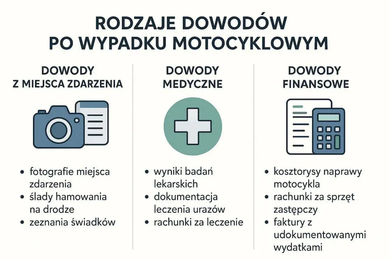 Rodzaje dowodów po wypadku motocyklowym: z miejsca zdarzenia (zdjęcia, ślady hamowania), medyczne (wyniki badań, dokumentacja leczenia) i finansowe (kosztorysy, faktury). Pomocne przy zgłaszaniu deliktu.