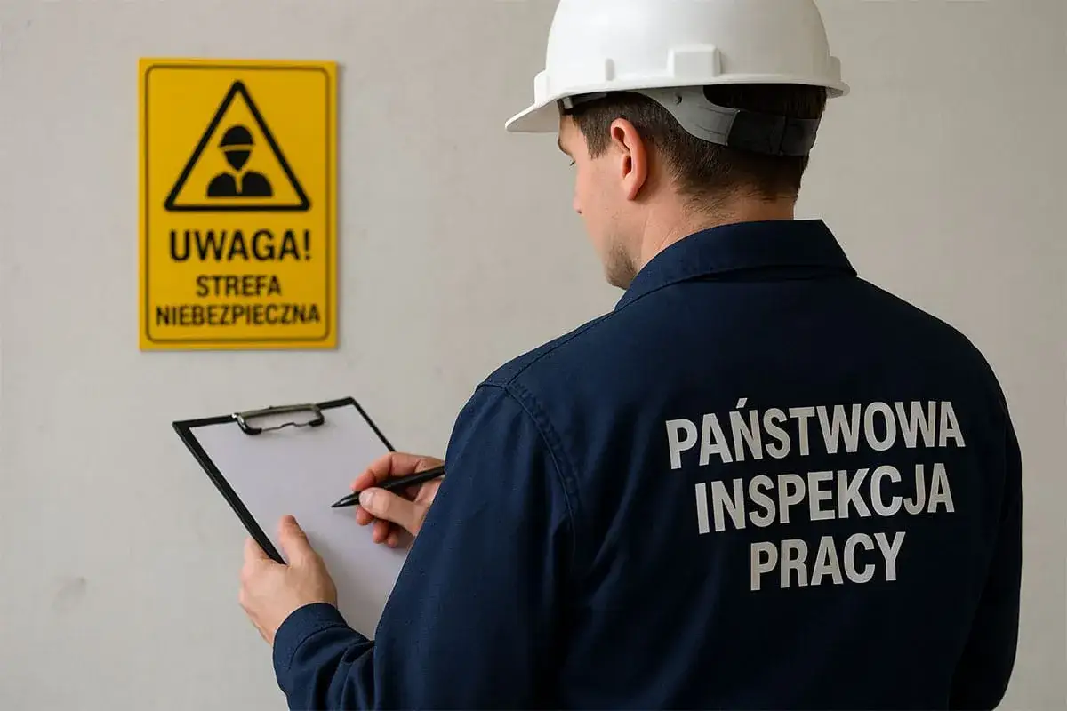 Inspektor Państwowej Inspekcji Pracy w białym kasku notuje na tablicy, pilnując przestrzegania praw pracownika w strefie niebezpiecznej.