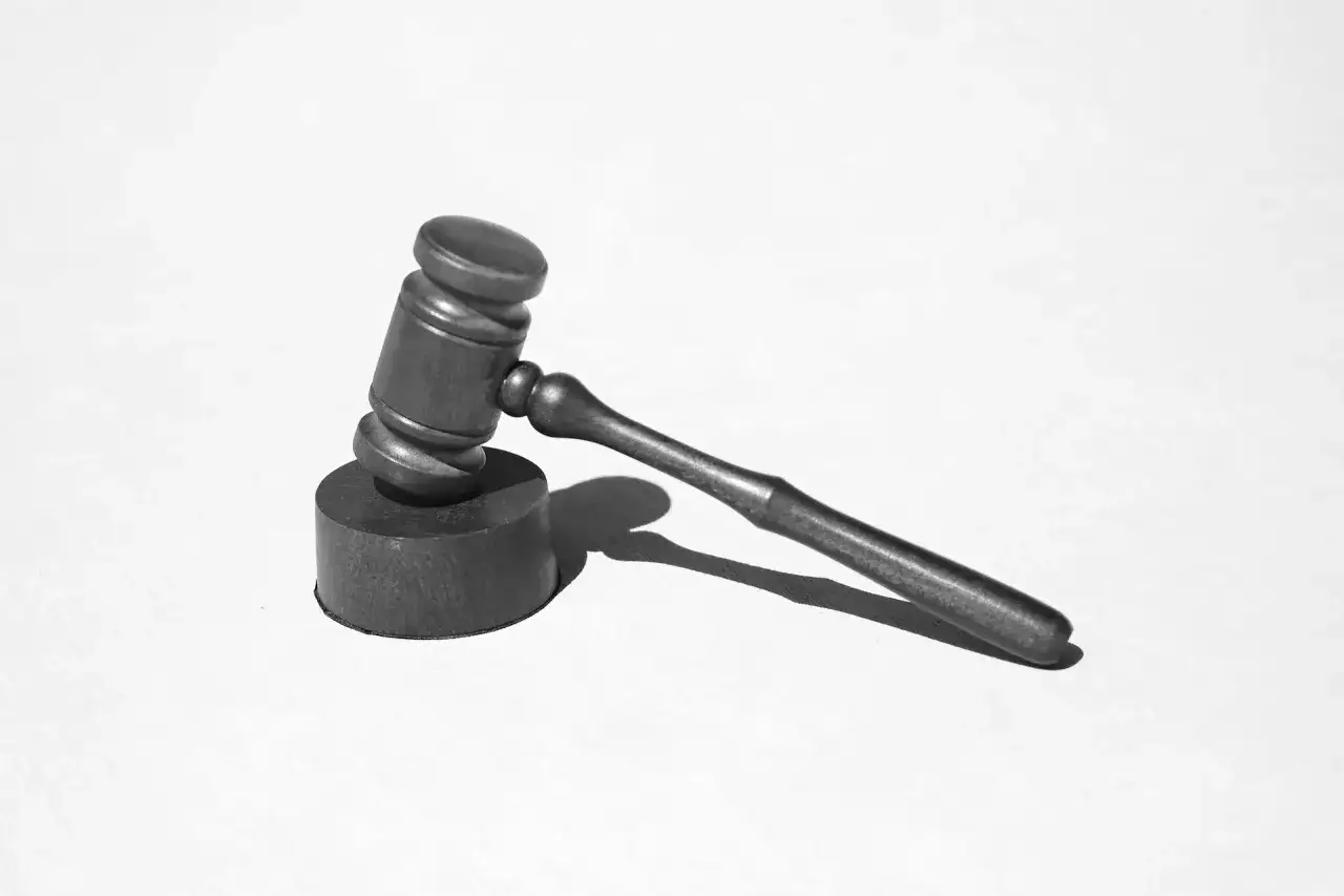 Drewniany młotek sędziowski, symbol sprawiedliwości, leży na białym tle. Może to być początek aukcji 160 kk.