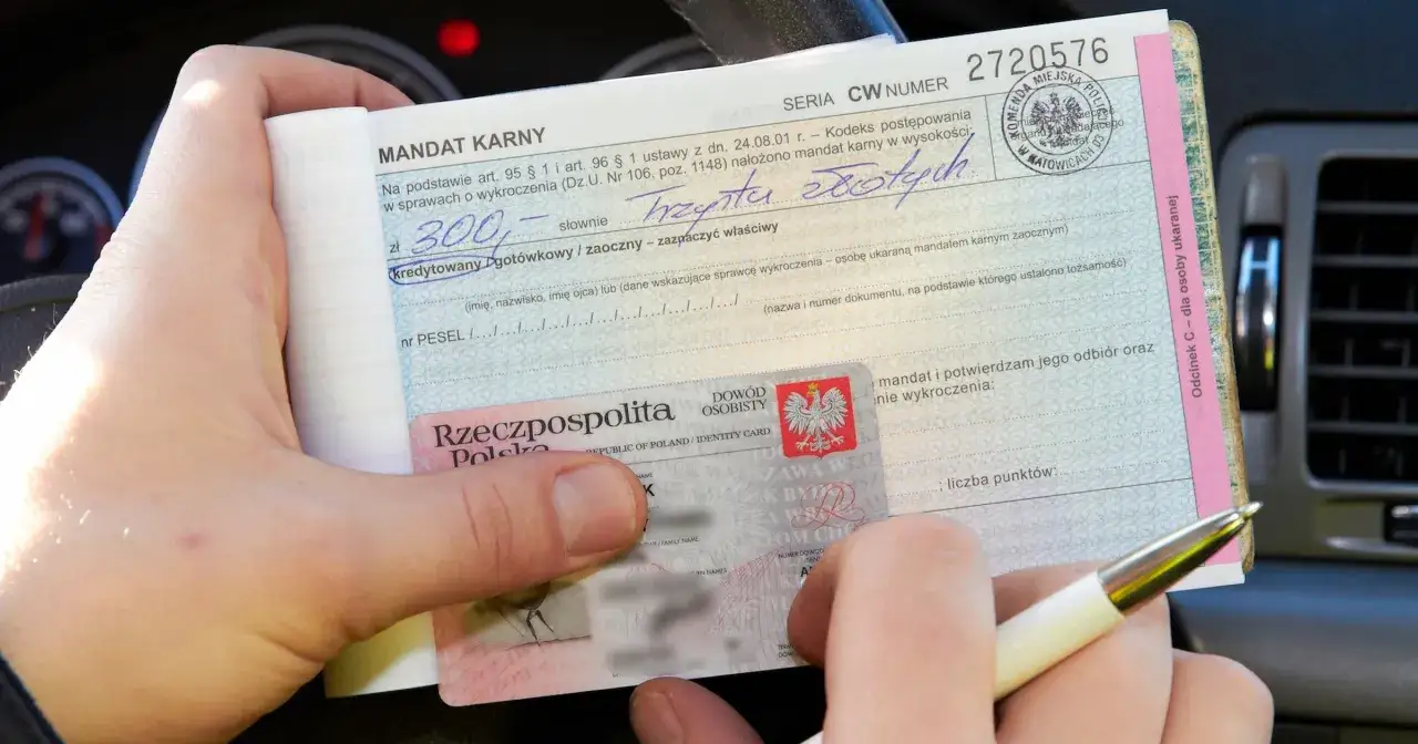 Ręka trzyma mandat karny na 300 zł, obok dowód osobisty. Nieudane parkowanie zakończyło się mandatem.