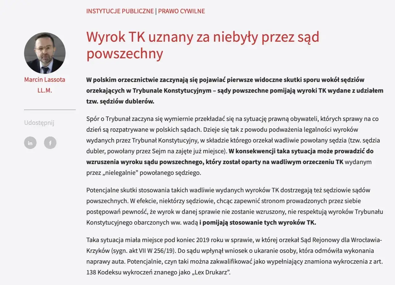 Sądy pomijają wyroki TK z udziałem dublerów, co może prowadzić do wzruszenia wyroków sądów powszechnych. To pokazuje, jak abolicja wyroków TK wpływa na obywateli.