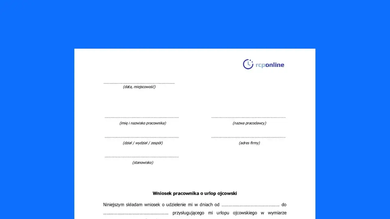 Wniosek o urlop ojcowski. Pracownik ubiega się o 5 dni urlopu ojcowskiego.