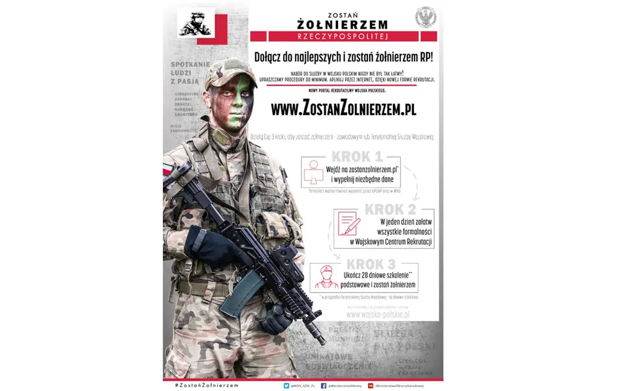 Młody żołnierz z kamuflażem na twarzy i karabinem w ręku zaprasza na szkolenie wojskowe. Dołącz do najlepszych i zostań żołnierzem RP!