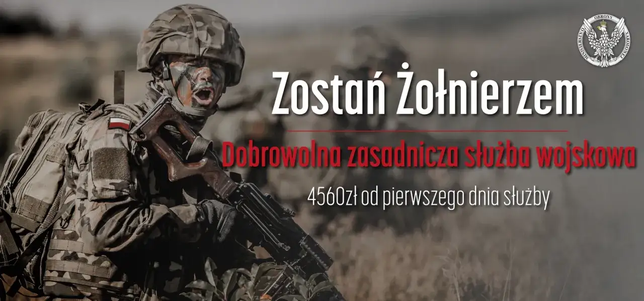 Żołnierz w kamuflażu z karabinem. Rekrutacja na dobrowolną zasadniczą służbę wojskową. 4560 zł od pierwszego dnia służby.