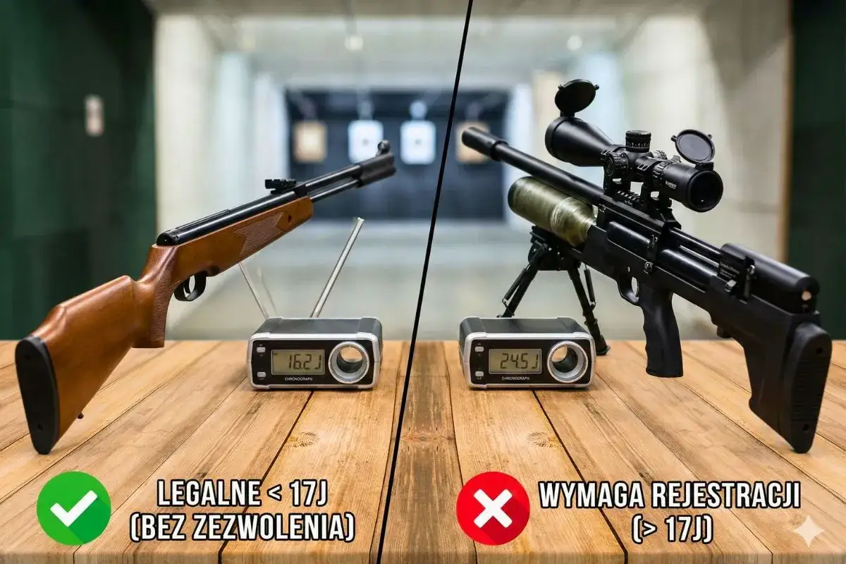Dwie bronie pneumatyczne na stole: jedna legalna (<17J), druga wymagająca rejestracji (>17J).