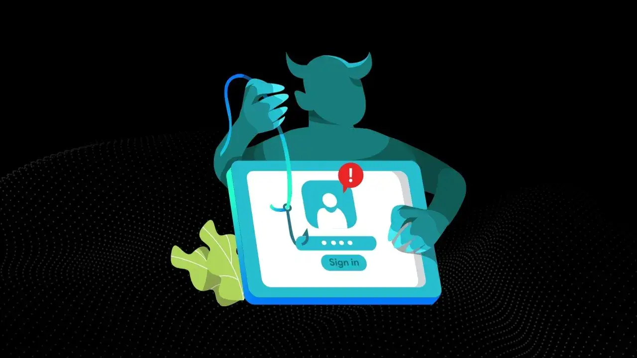 Diabeł z haczykiem próbuje wyłudzić dane logowania. To jest phishing, czyli oszustwo internetowe.