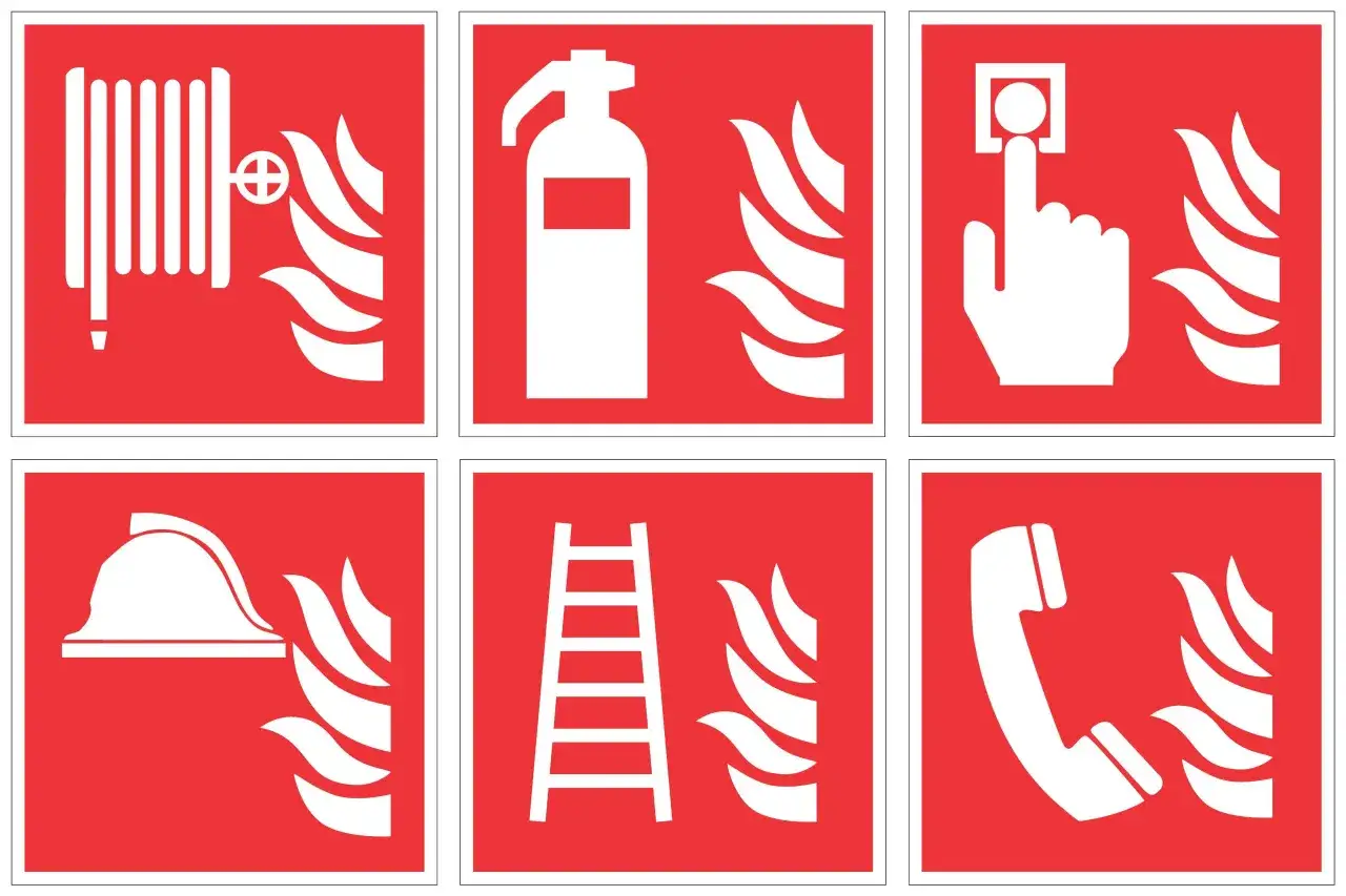 Znaki ochrony przeciwpożarowej: wąż strażacki, gaśnica, przycisk alarmowy, hełm, drabina, telefon.