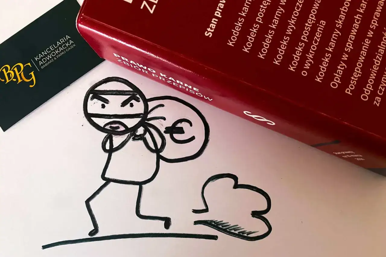 Zuchwała kradzież! Rysunek złodziejaszka z workiem euro obok kodeksu karnego i wizytówki kancelarii adwokackiej.