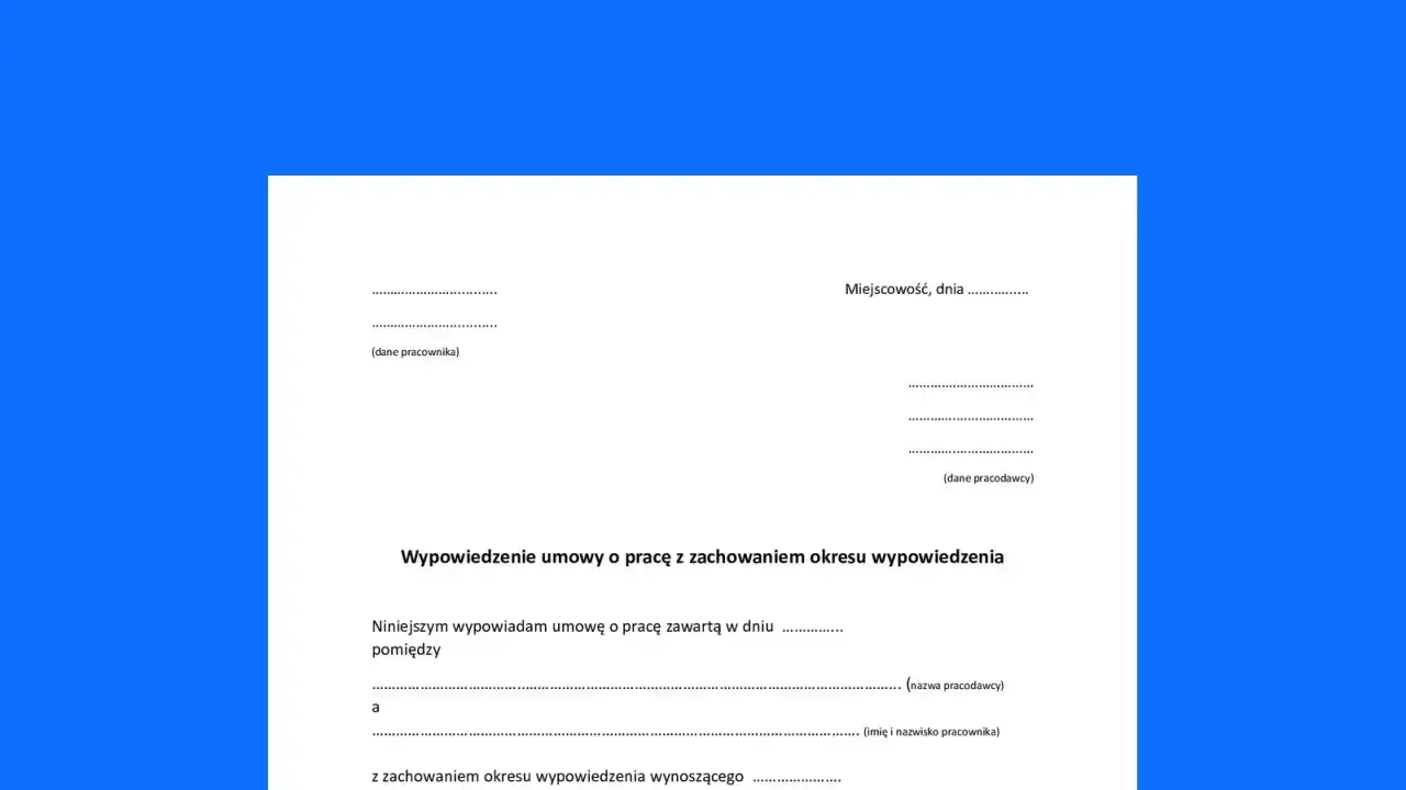 Dokument wypowiedzenia umowy o pracę, zgodny z art. 30 par. 1 pkt 2. Wypełniane dane pracownika i pracodawcy.
