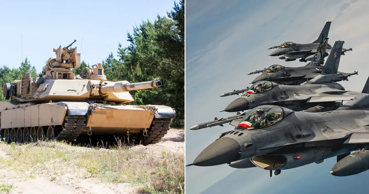 Czołg Abrams i klucz myśliwców F-16 w locie. Potężne uzbrojenie obu maszyn budzi respekt.